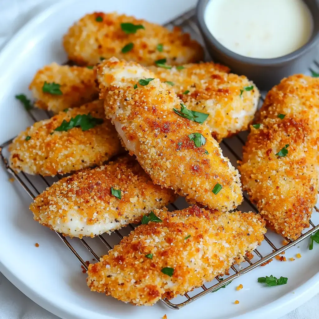 A plate of golden-brown, breaded chicken tenders garnished with parsley and served with a small bowl of dipping sauce.