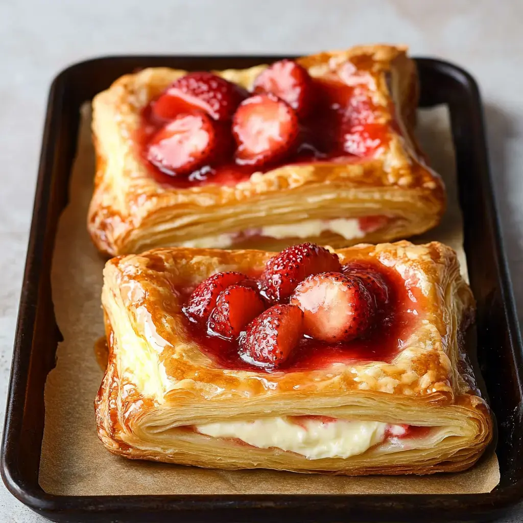 Two golden-brown pastry squares filled with creamy custard and topped with fresh strawberries and strawberry glaze are displayed on a baking tray.