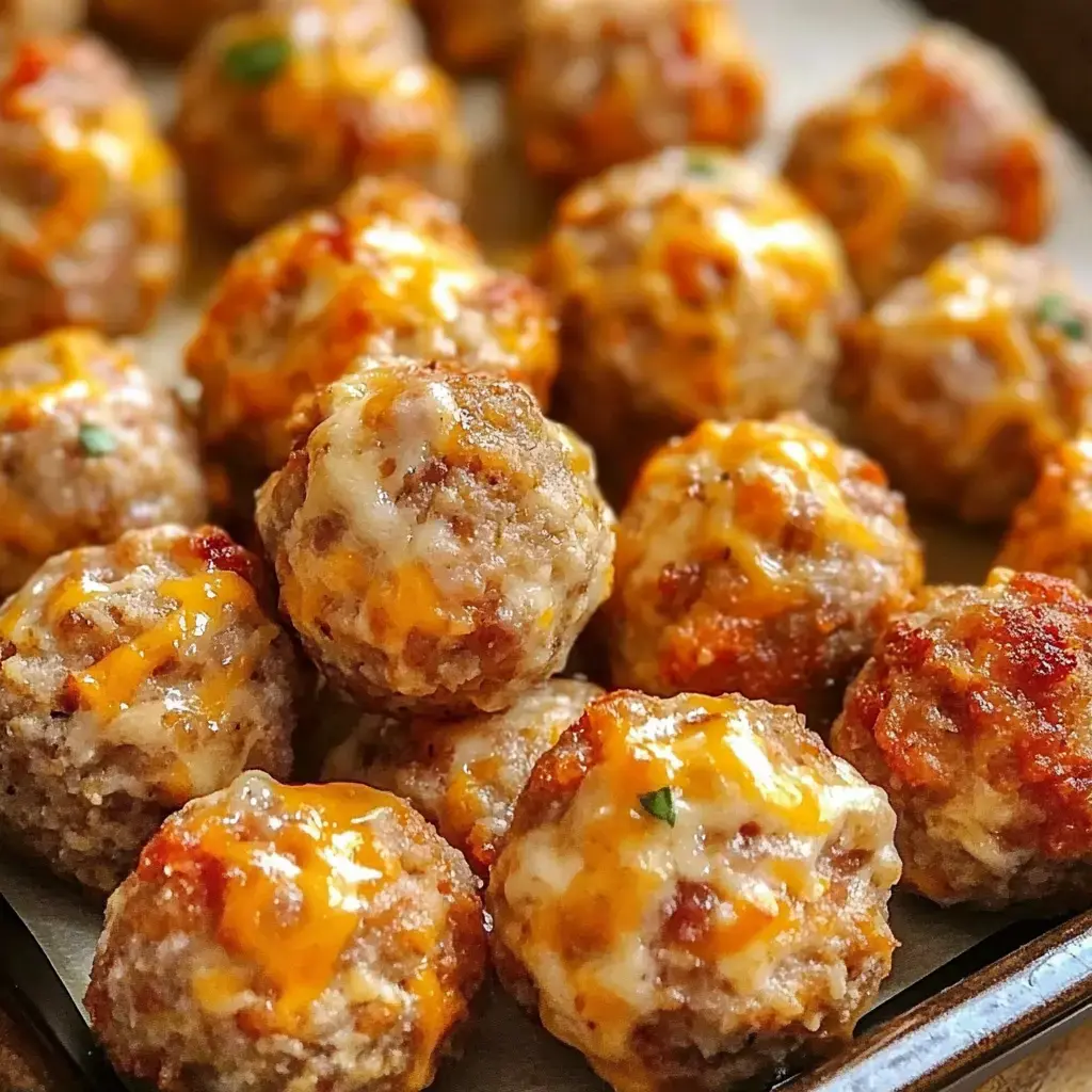 A close-up image of golden-brown meatballs topped with melted cheese, arranged on a serving platter.