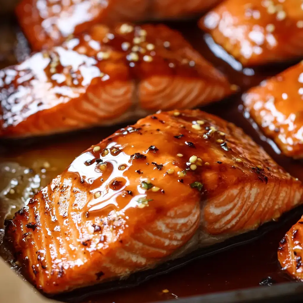 A close-up view of seared salmon fillets glazed with a shiny sauce, garnished with sesame seeds.