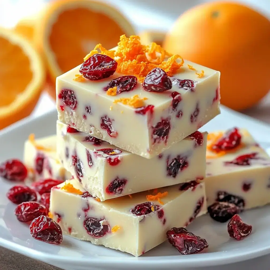 A stack of white chocolate bars studded with cranberries and topped with orange zest, surrounded by fresh orange halves.