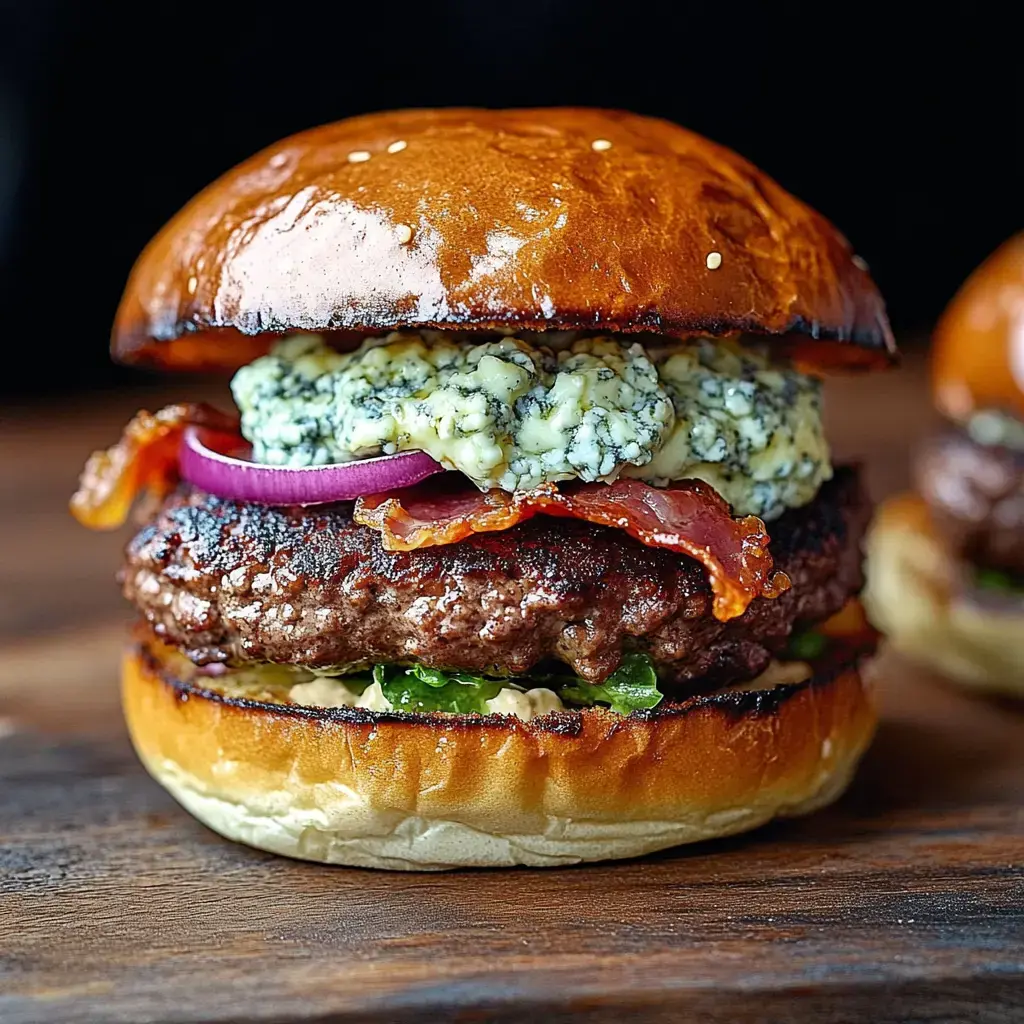 A juicy hamburger with a beef patty, blue cheese, bacon, red onion, and lettuce, all served in a toasted brioche bun.