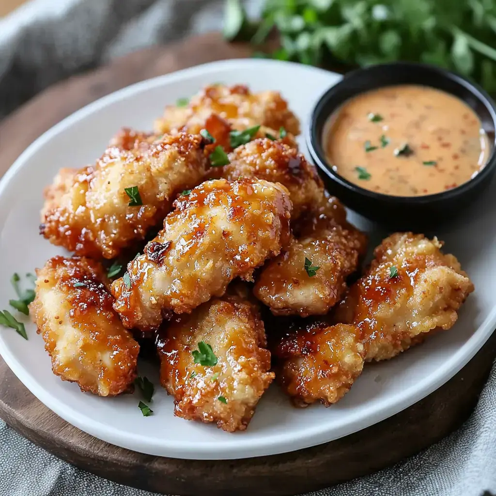 A plate of crispy, golden-brown chicken pieces drizzled with sauce and garnished with parsley, accompanied by a small bowl of dipping sauce.