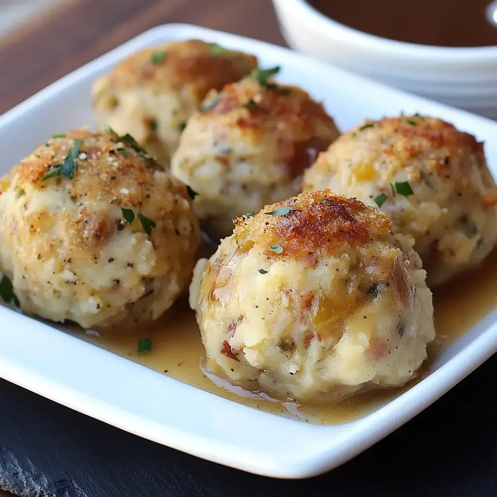 A white plate holds five round, golden-brown dumplings garnished with herbs, served in a savory sauce.