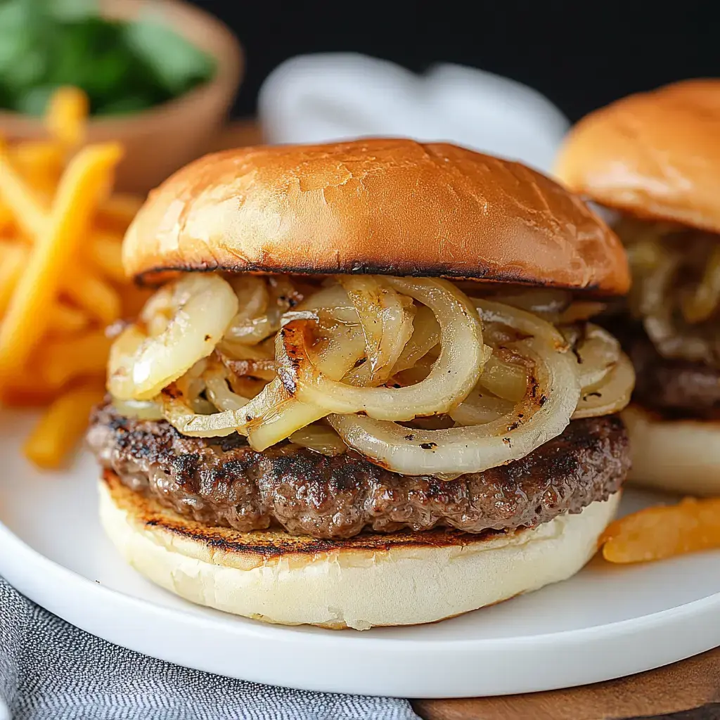 A close-up of a hamburger topped with sautéed onions, served with a side of French fries.