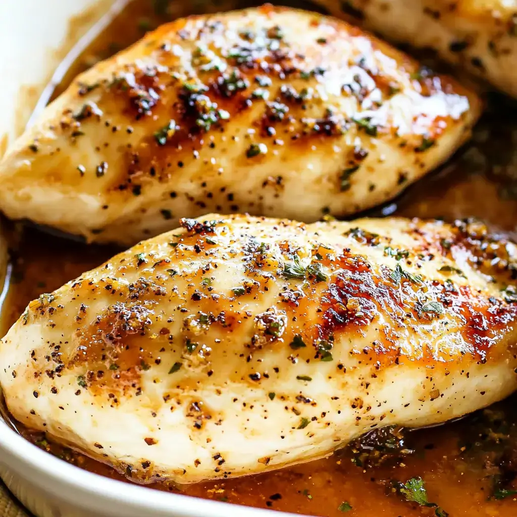 Two pieces of seasoned and golden-brown chicken breast are resting in a flavorful sauce.