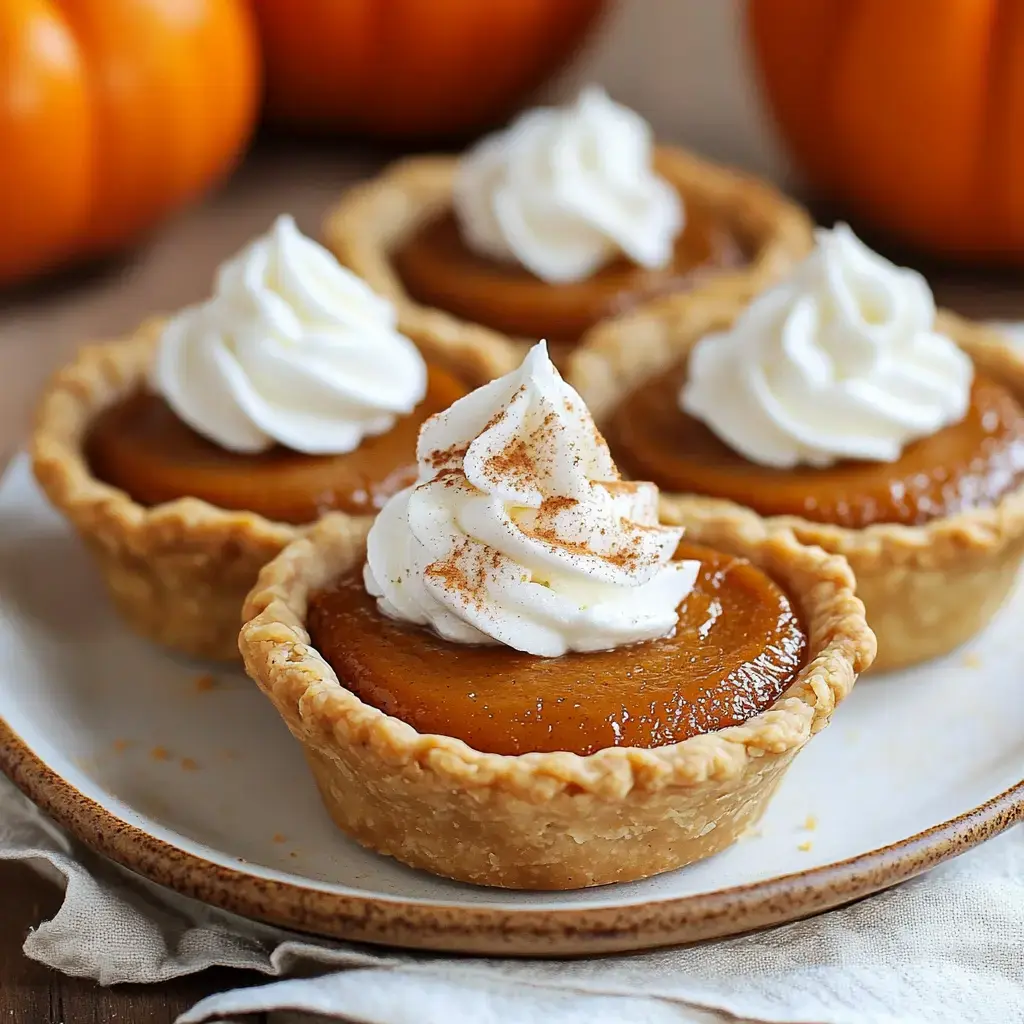 A plate of mini pumpkin pies topped with whipped cream and sprinkled with cinnamon, with pumpkins in the background.