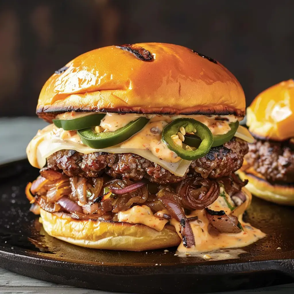 A close-up of a gourmet burger featuring a grilled patty, melted cheese, jalapeños, and a creamy sauce, served on a toasted bun with caramelized onions.