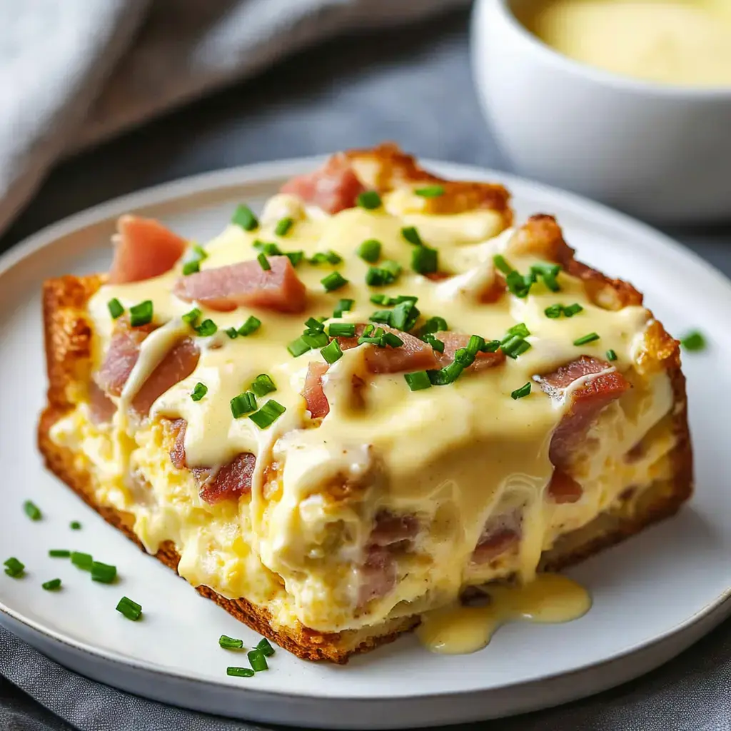 A slice of creamy ham and egg casserole topped with chives on a white plate, accompanied by a small bowl of sauce in the background.