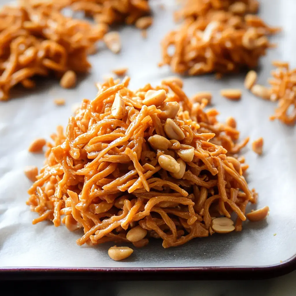 A close-up of a pile of golden, crunchy noodles garnished with roasted peanuts on a parchment-lined tray.