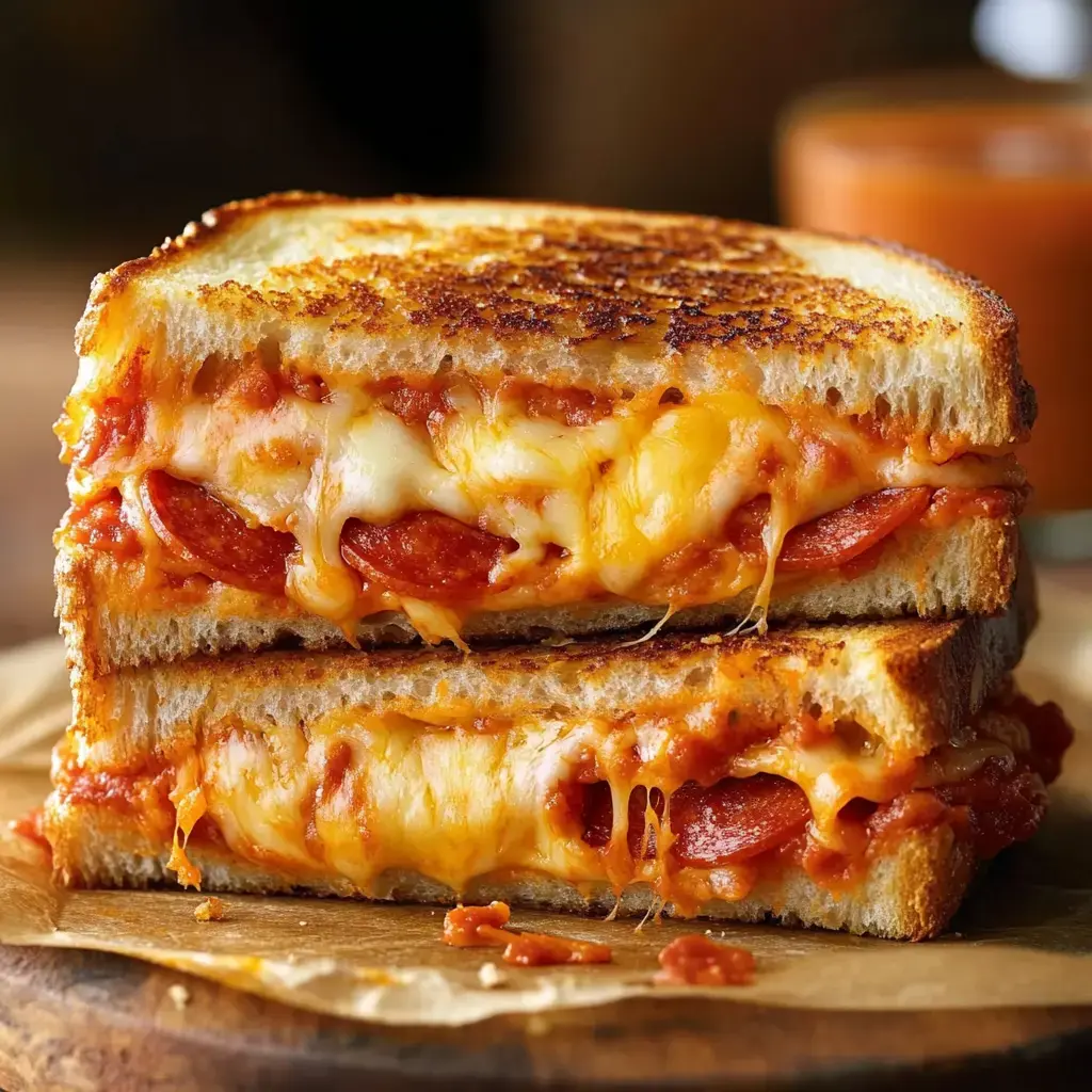 A gooey, layered grilled cheese sandwich filled with melted cheese and pepperoni, served on a wooden board.