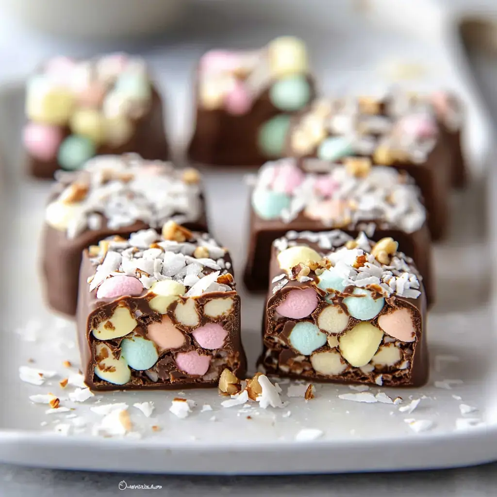 A close-up view of chocolate-covered treats with colorful marshmallows inside, topped with shredded coconut and crushed nuts, arranged on a white plate.