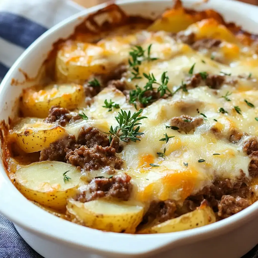 A close-up of a cheesy potato and ground beef casserole garnished with fresh thyme in a white baking dish.