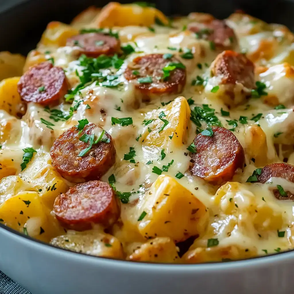 A close-up of a cheesy casserole dish featuring diced potatoes, sliced sausage, and garnished with fresh herbs.