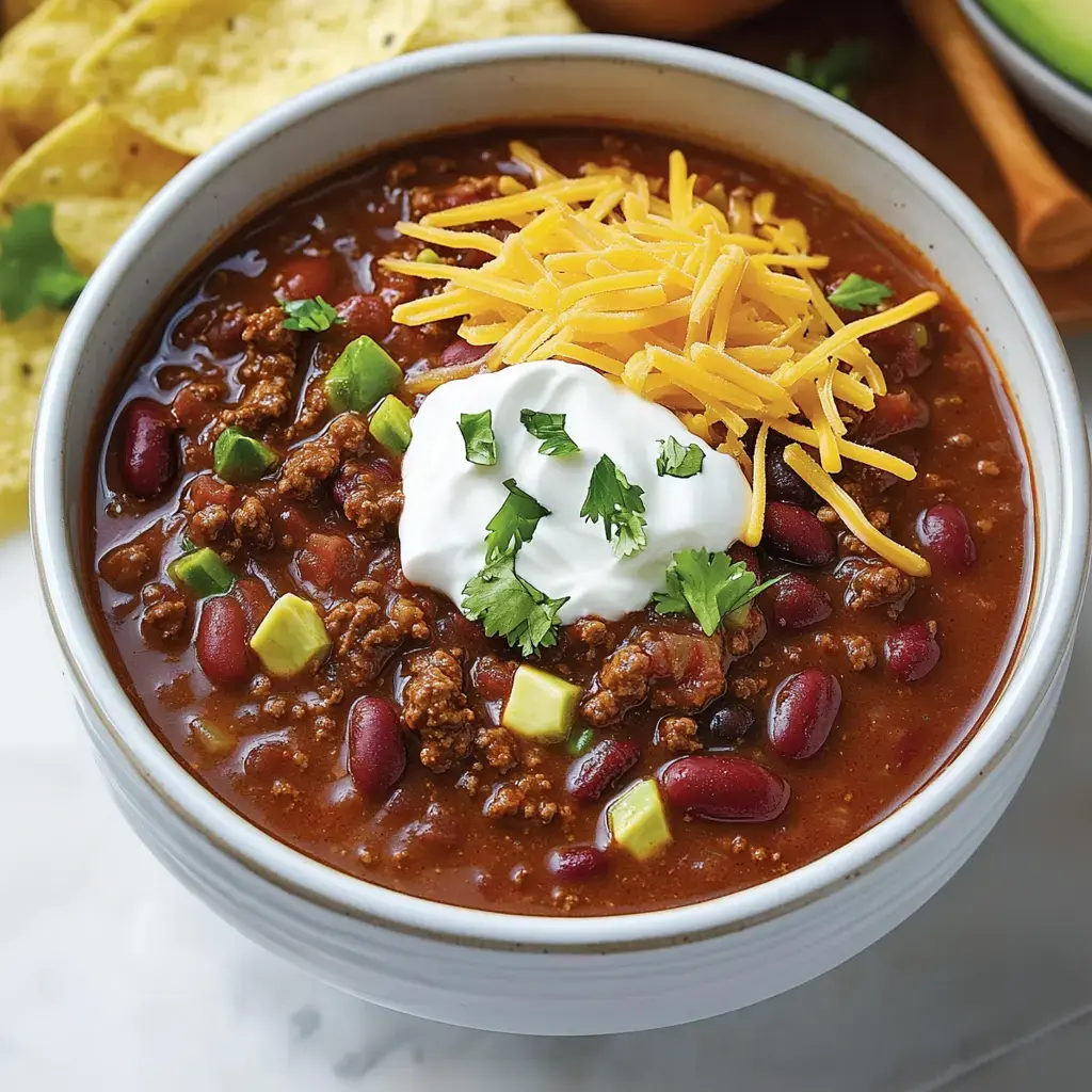 A bowl of chili topped with shredded cheese, sour cream, diced avocado, green onions, and cilantro, accompanied by tortilla chips.