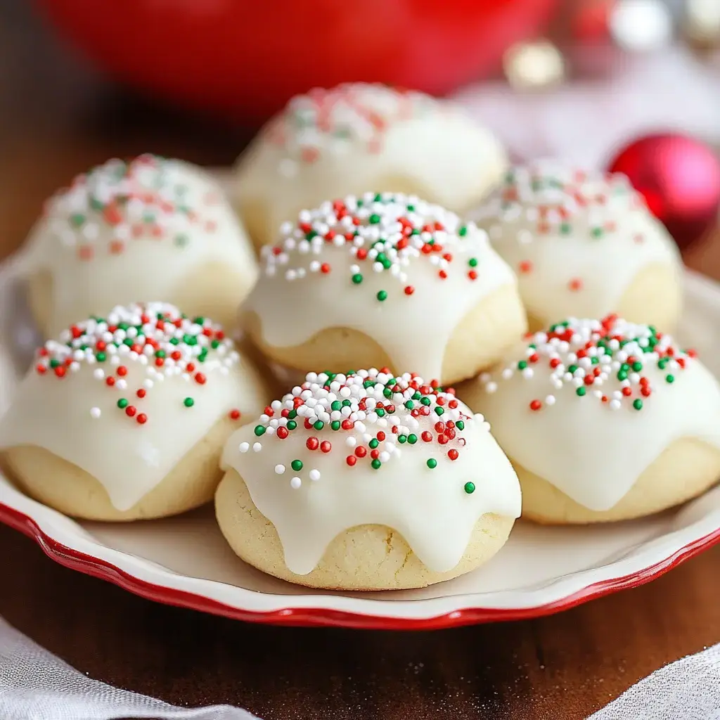 A plate of decorated cookies with white icing and festive red, green, and white sprinkles.