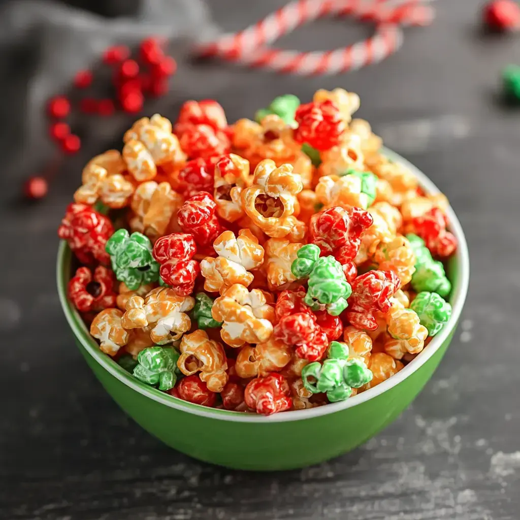 A green bowl filled with colorful holiday-themed popcorn in red, green, and orange hues sits on a dark surface.