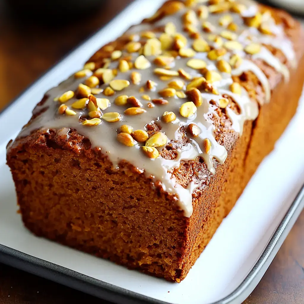 A freshly baked loaf of brown cake topped with a drizzle of icing and sprinkled with pumpkin seeds rests on a white plate.