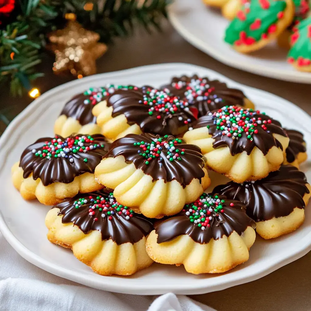 A plate of festive cookies decorated with chocolate icing and colorful sprinkles, surrounded by holiday decorations.