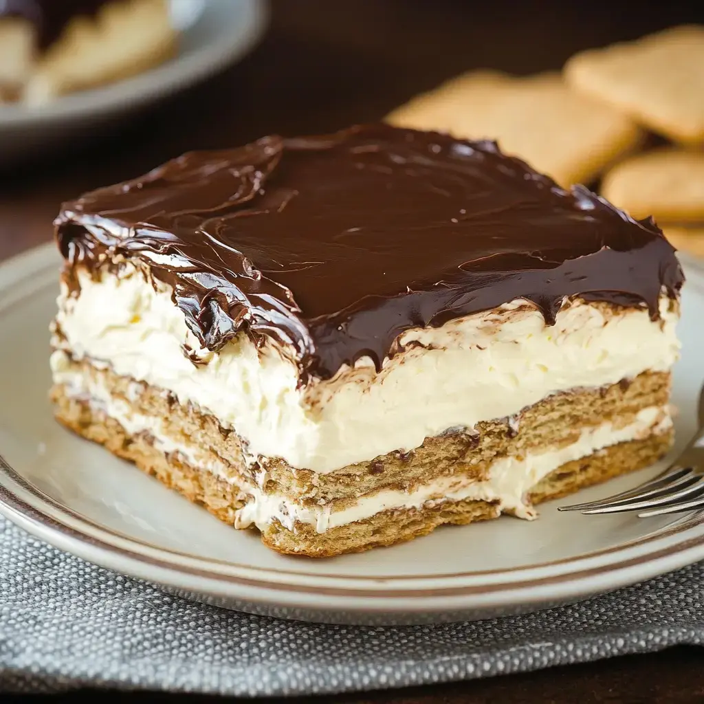 A slice of layered dessert featuring vanilla cream and chocolate frosting on top of graham cracker layers, served on a plate.