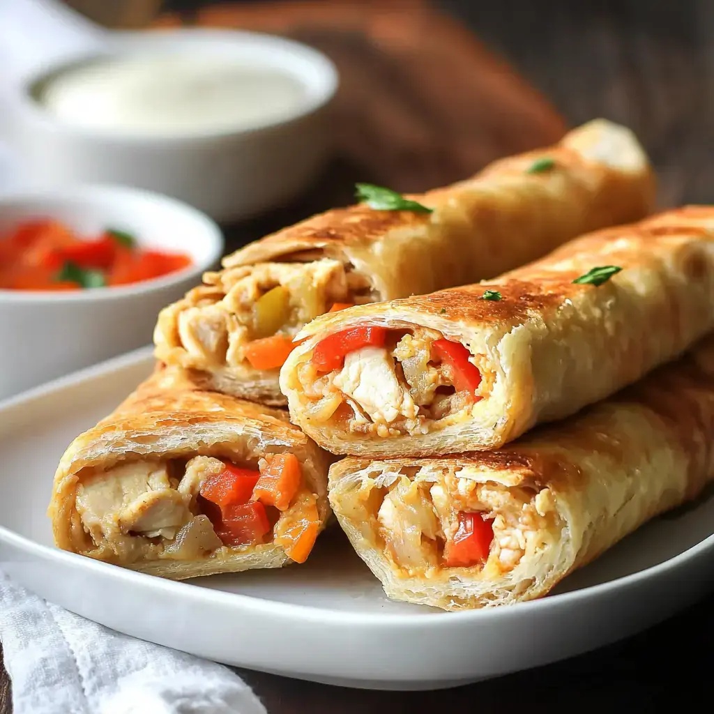 Three crispy rolled tortillas filled with chicken and colorful vegetables on a white plate, accompanied by bowls of sauce and diced tomatoes in the background.