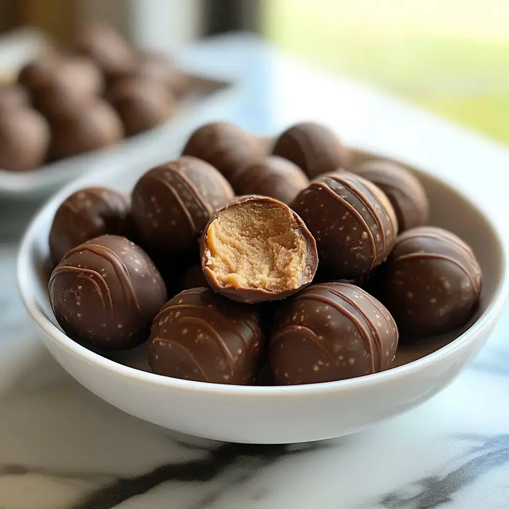 A bowl of chocolate-covered balls with a bite taken out of one, revealing a creamy filling inside.