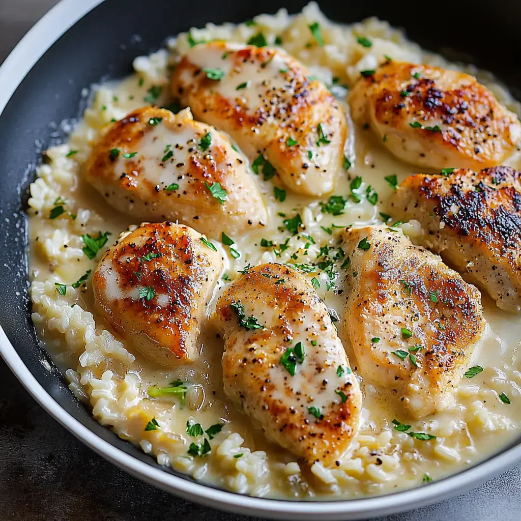 Pan-seared chicken breasts with herbs served over creamy risotto in a black skillet.