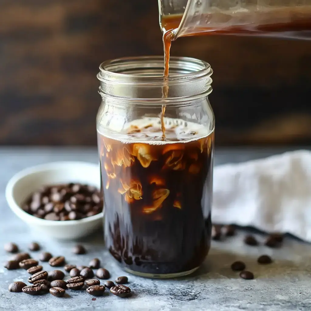 A glass jar filled with iced coffee is being poured, with coffee beans scattered on a table nearby.