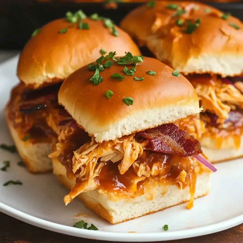 A close-up of pulled chicken sliders topped with bacon and garnished with parsley on a white plate.