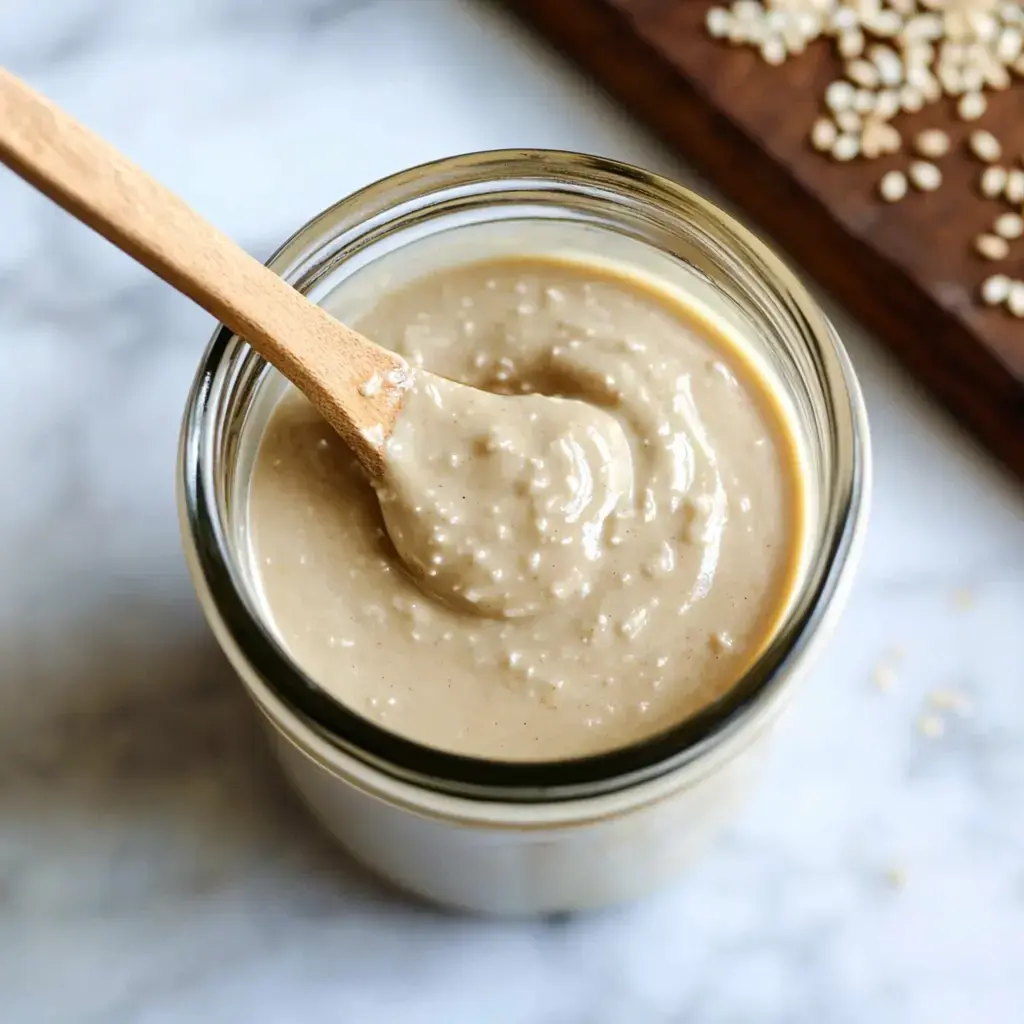 A glass jar of creamy tahini with a wooden spoon resting inside it, set against a light background and sprinkled sesame seeds in the background.