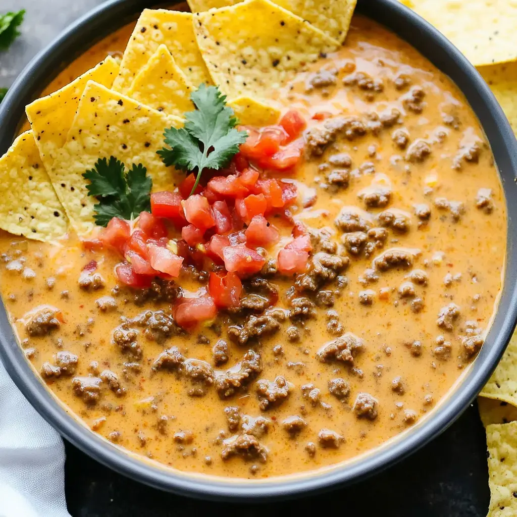 A bowl of creamy beef queso dip topped with diced tomatoes and cilantro, surrounded by tortilla chips.