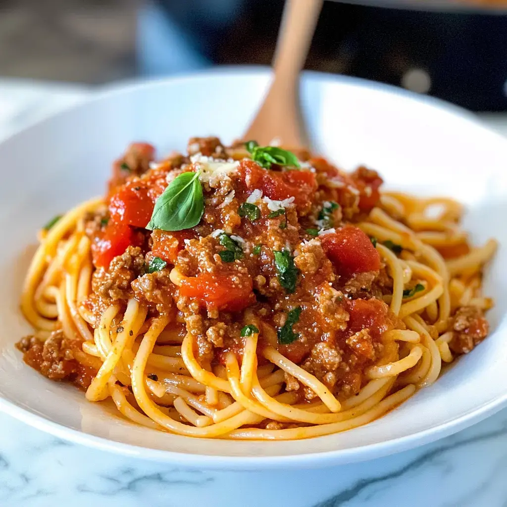 A bowl of spaghetti topped with a rich meat sauce, diced tomatoes, and garnished with fresh basil.