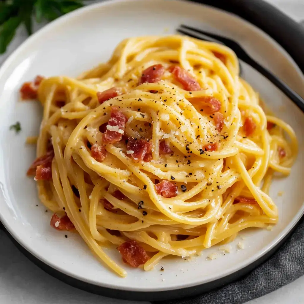 A plate of spaghetti pasta topped with diced bacon and grated cheese, garnished with black pepper.