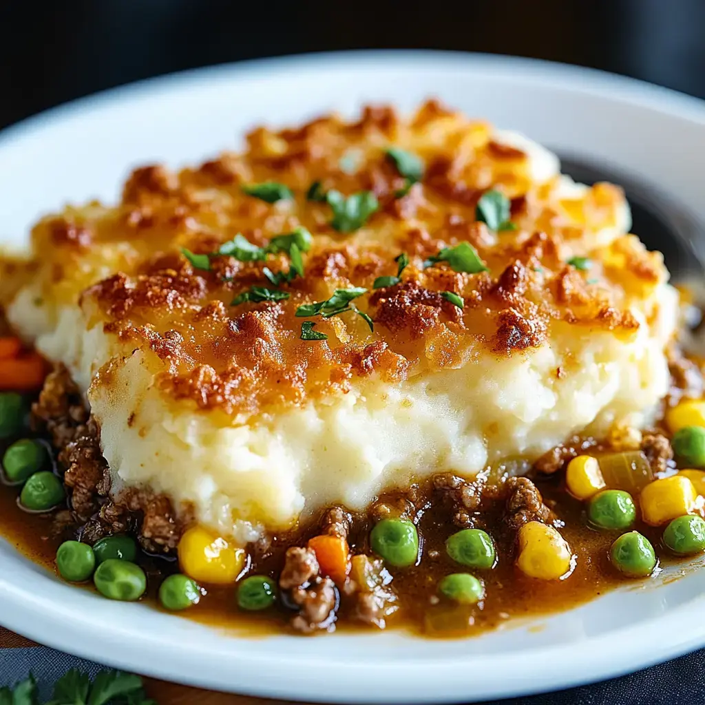 A serving of shepherd's pie featuring a golden, crispy mashed potato topping over seasoned ground meat with mixed vegetables in gravy.