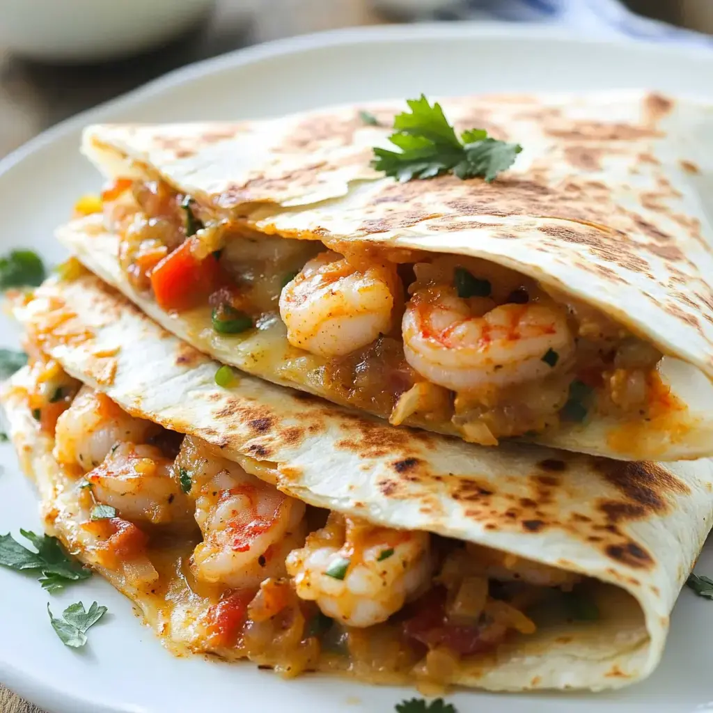 Two shrimp-filled quesadillas are stacked on a plate, garnished with a sprig of cilantro.