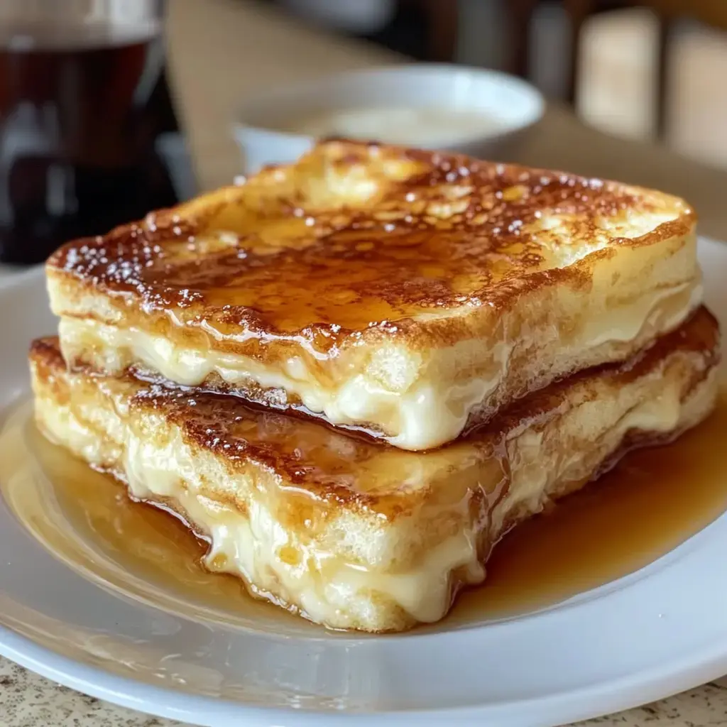 Two thick slices of French toast drizzled with syrup and oozing melted cheese, served on a white plate.