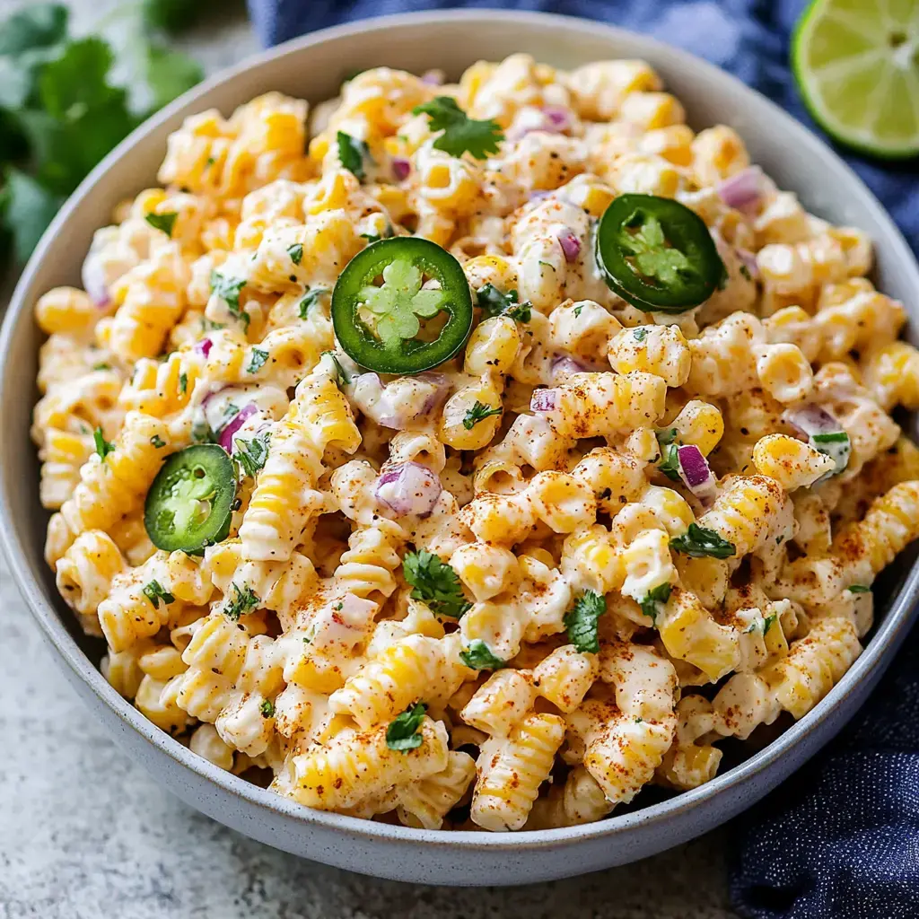 A bowl of creamy pasta salad featuring spiral pasta, corn, jalapeño slices, red onions, and cilantro, garnished with paprika and lime wedges.