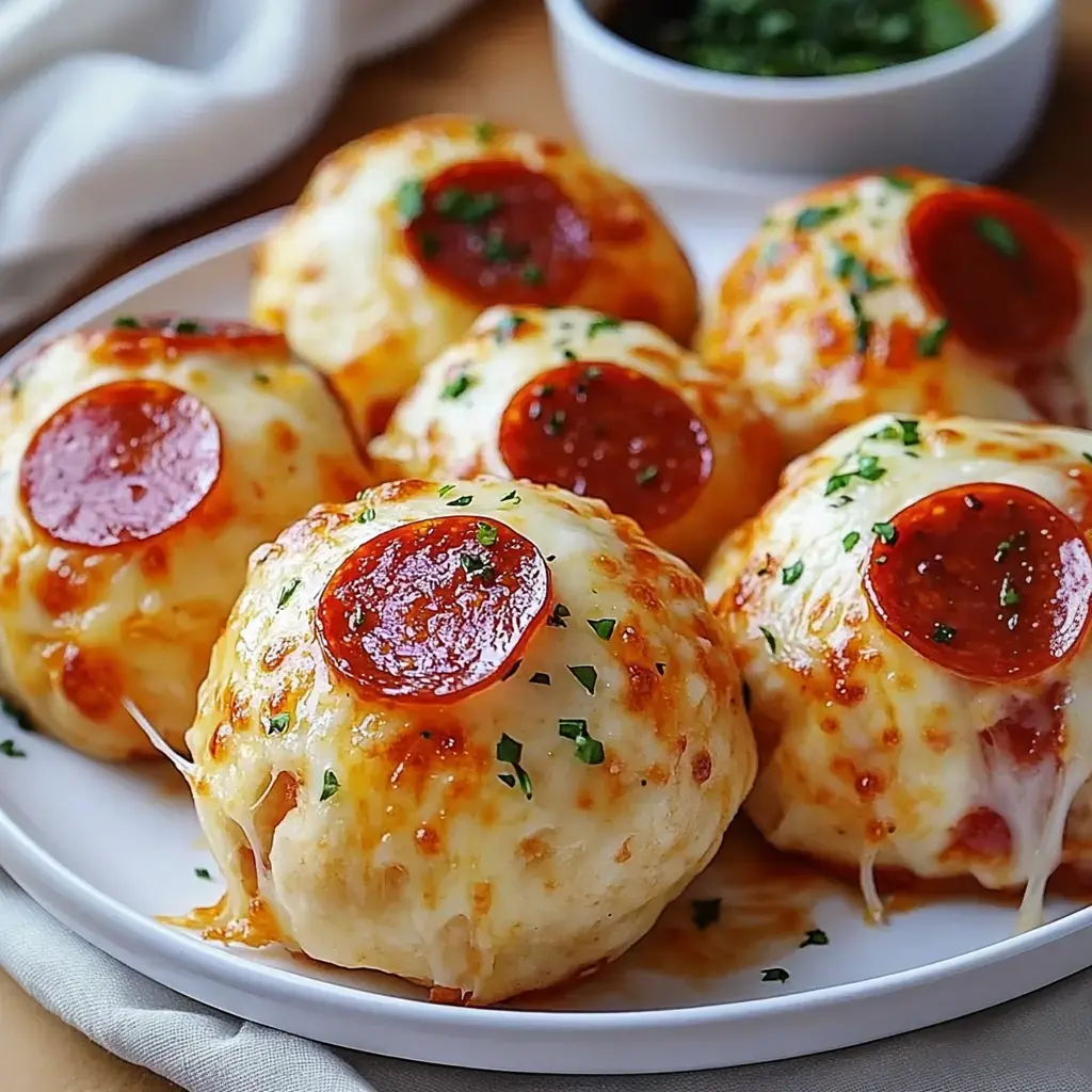 A plate of cheesy stuffed bread balls topped with pepperoni and garnished with parsley, accompanied by a small bowl of green sauce.