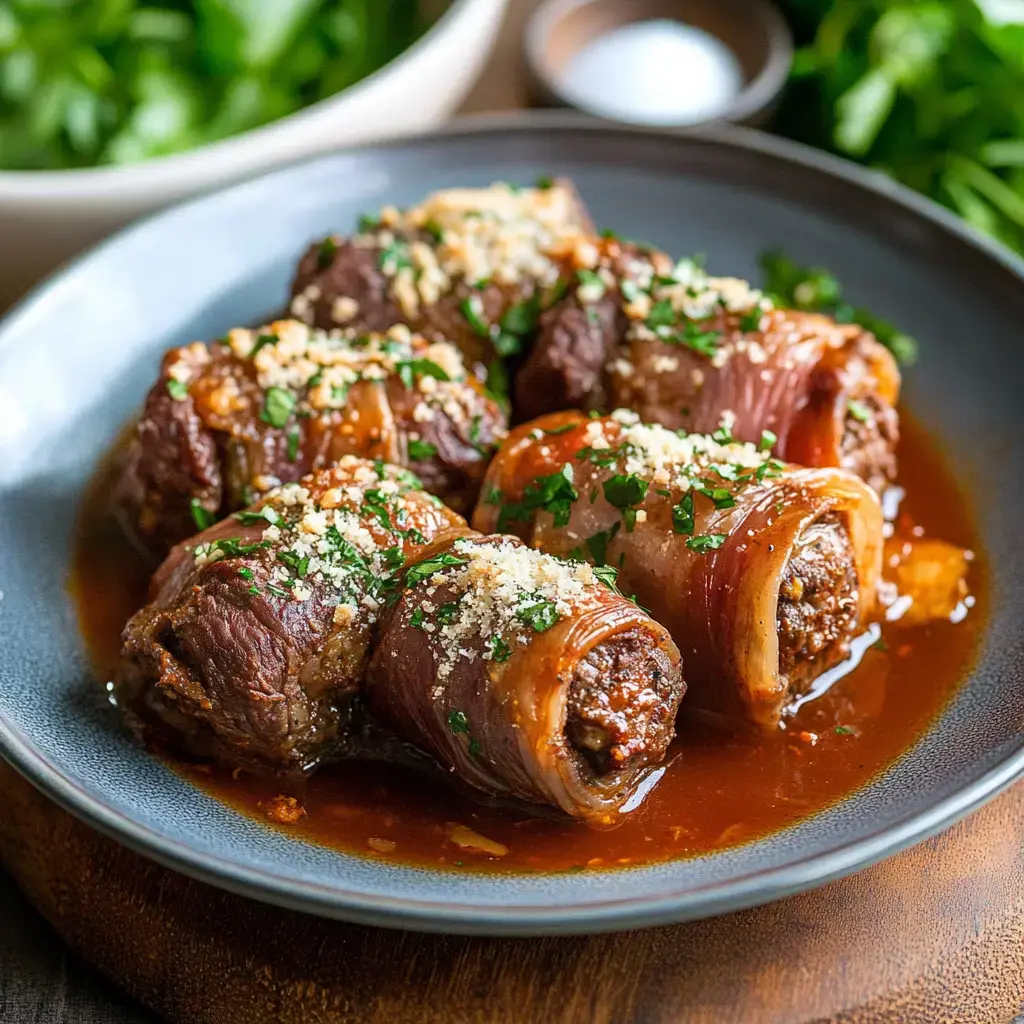 A plate of rolled beef stuffed with a savory filling, topped with herbs and breadcrumbs, served in a rich sauce.