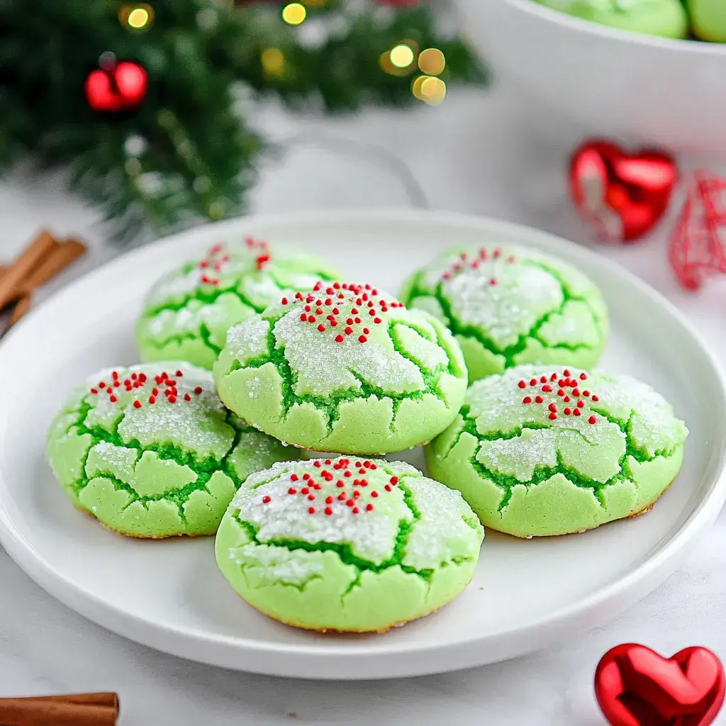 A plate of vibrant green cookies decorated with white frosting and red sprinkles, set against a festive backdrop with holiday decorations.