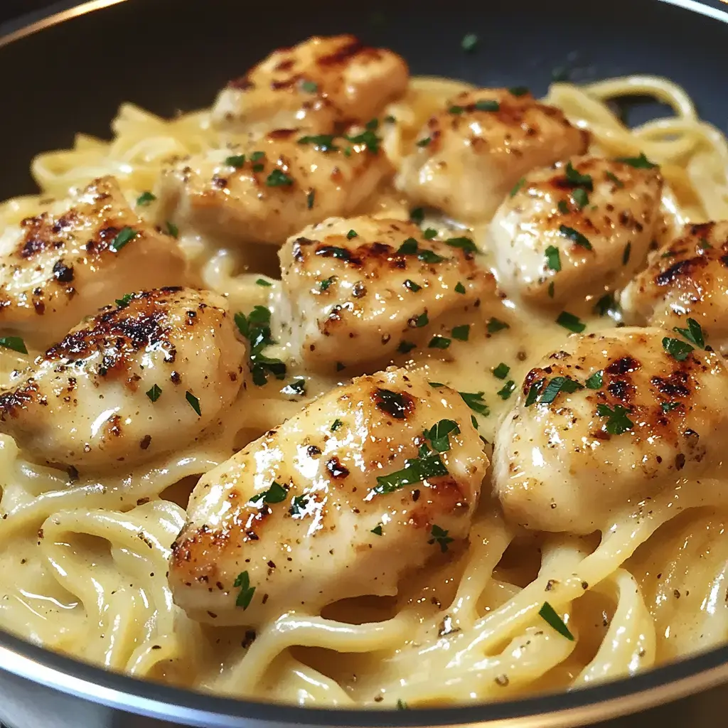 A close-up of a creamy pasta dish featuring sautéed chicken pieces garnished with parsley.