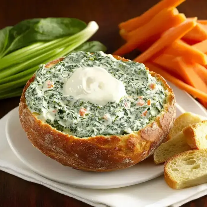 A bread bowl filled with creamy spinach dip and a dollop of sour cream, served with carrot sticks and slices of bread.