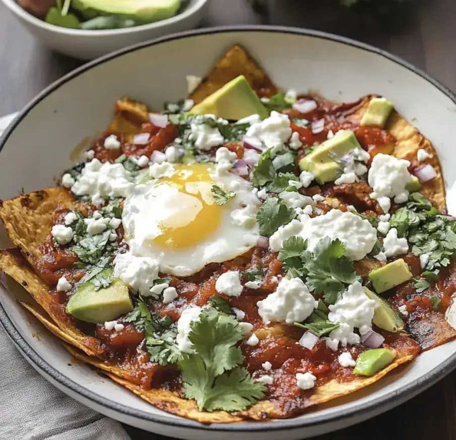 A bowl of nachos topped with a runny egg, avocado, cilantro, red onion, and crumbled cheese, served with a side of greens.