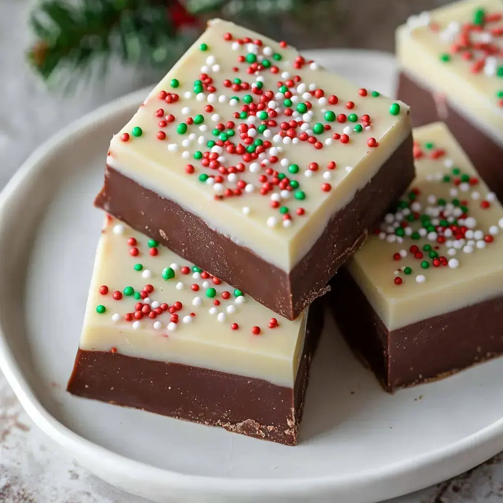 A close-up of festive chocolate fudge squares layered with white chocolate and topped with red, green, and white sprinkles, arranged on a white plate.