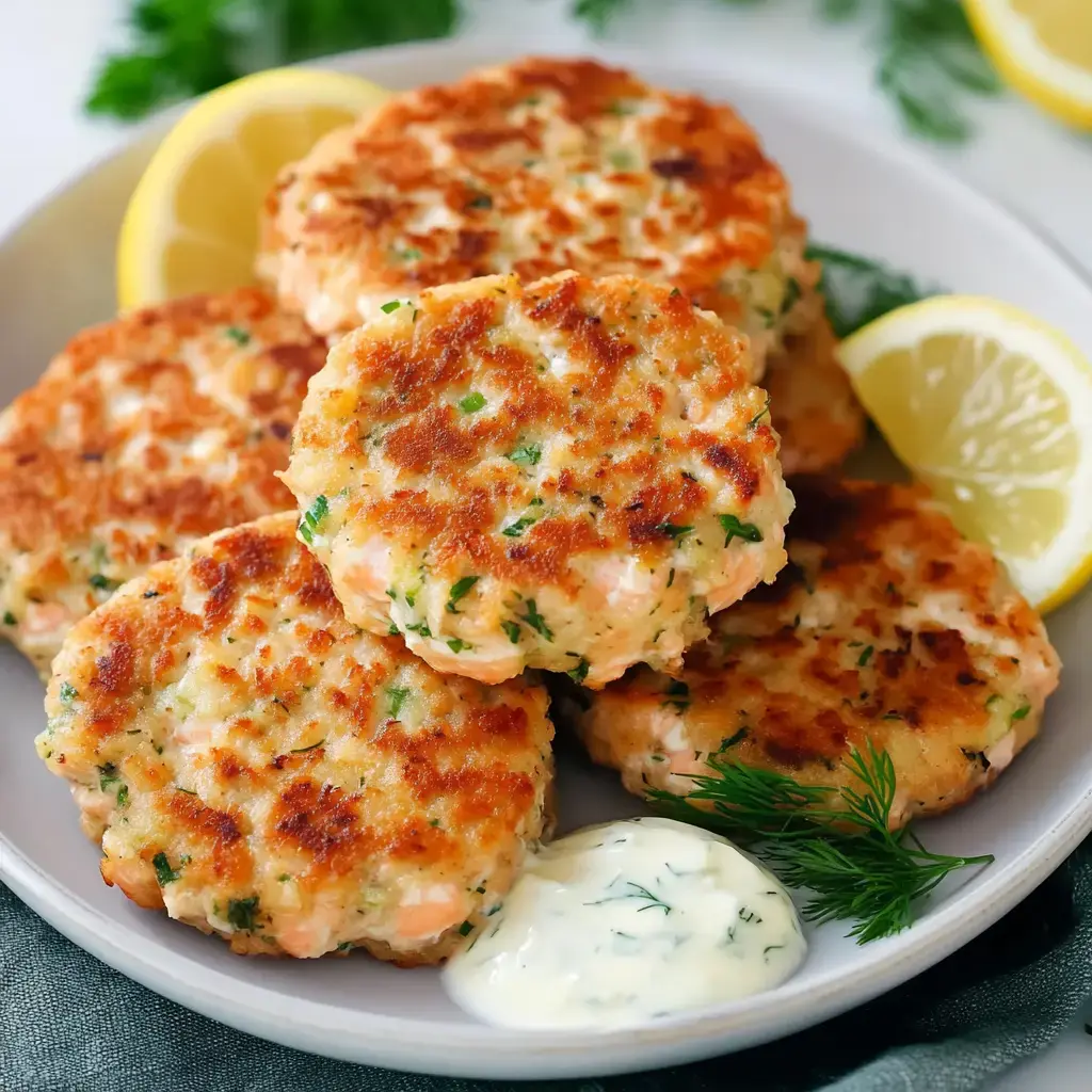 A plate of golden-brown salmon patties garnished with fresh dill and served with lemon wedges and a creamy sauce.