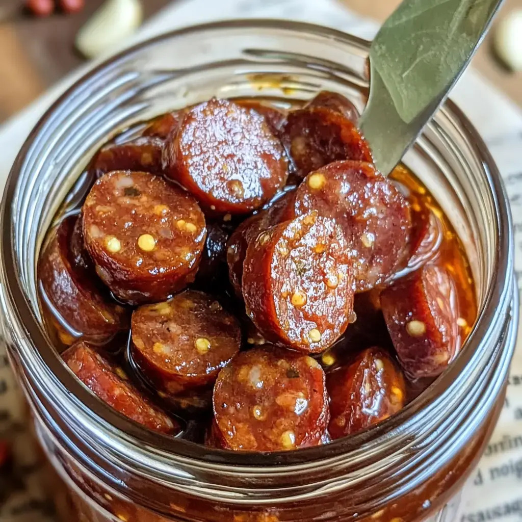 A close-up of a jar filled with sliced sausage immersed in a glistening liquid, with a spoon resting inside.