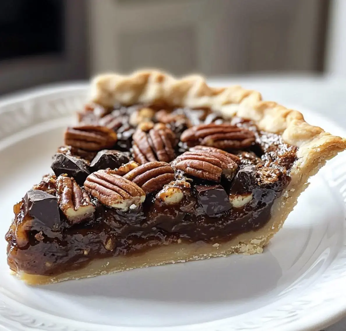 A slice of pecan pie topped with whole pecans and chocolate chunks on a white plate.