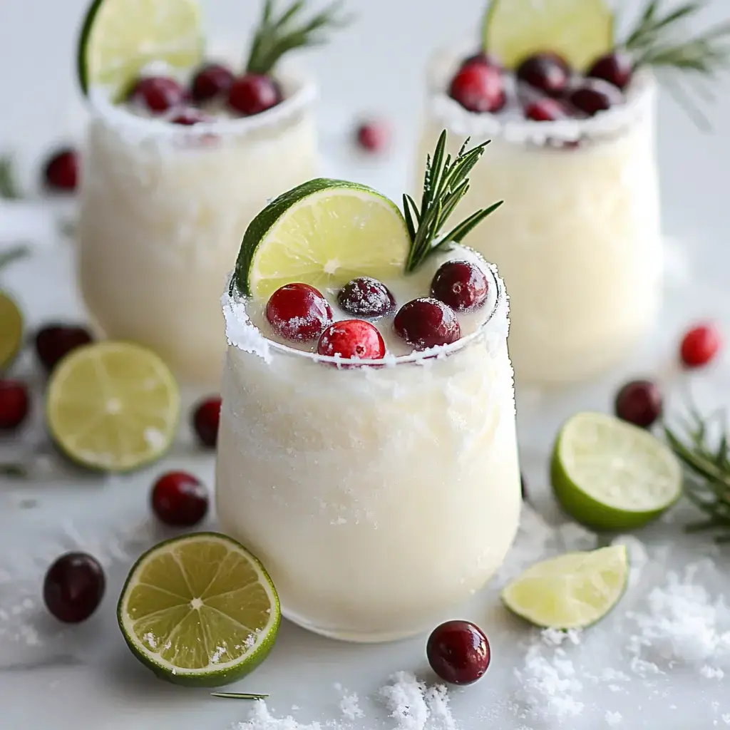 Three festive cocktails are garnished with lime slices, cranberries, and rosemary, surrounded by fresh lime halves and scattered salt.