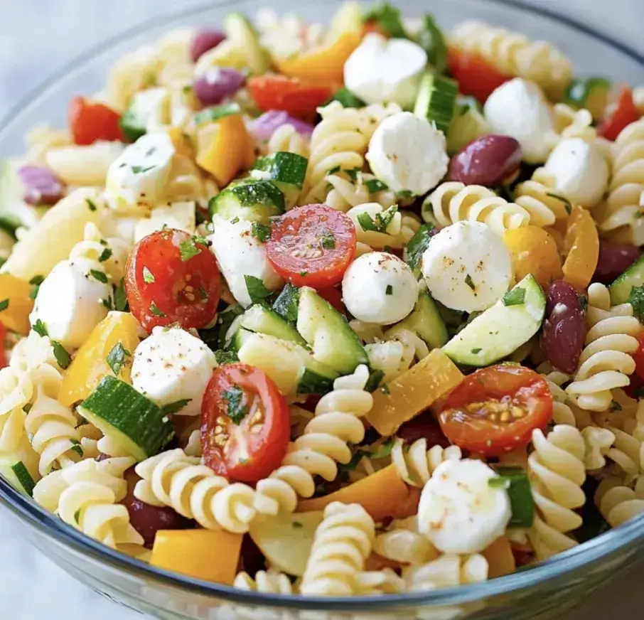 A colorful pasta salad featuring rotini pasta, cherry tomatoes, mozzarella balls, cucumbers, yellow bell peppers, and herbs.