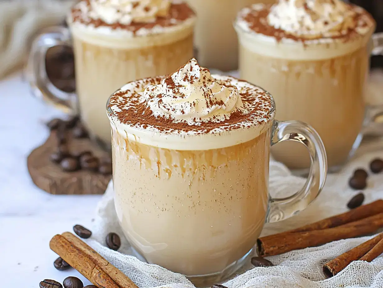 Three mugs of frothy coffee topped with whipped cream and cocoa powder are displayed alongside cinnamon sticks and coffee beans on a neutral background.